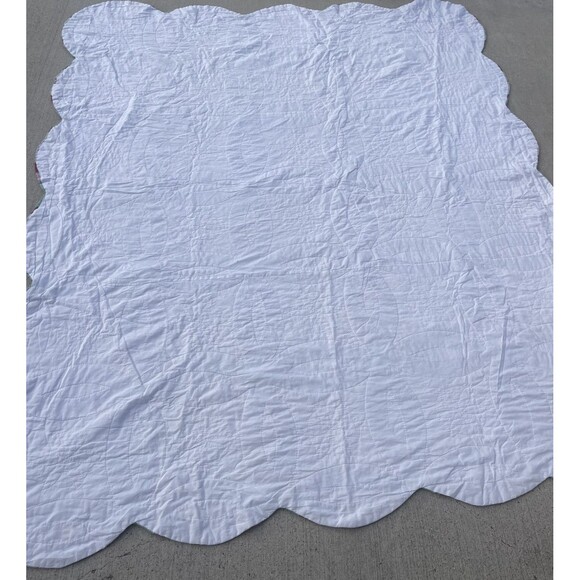 Vintage double wedding Ring patchwork Quilt Scalloped edging 77"x93" Red green - Picture 10 of 10